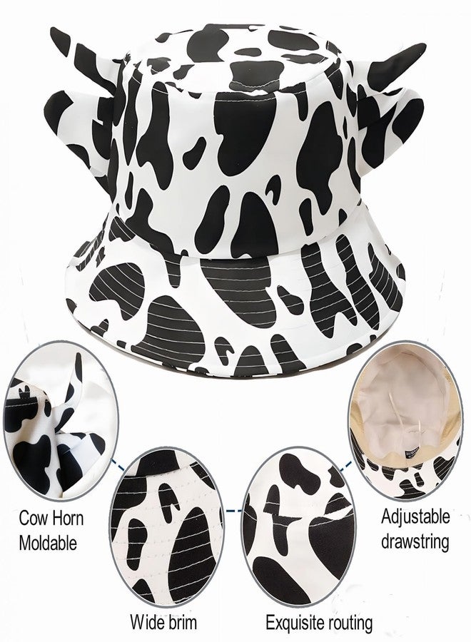 QANQIUPLE Cow Print Bucket Hat with Cute Horn Ears, Stylish Unisex Design, Breathable Fabric, All Seasons Sun Protection White - Image 4